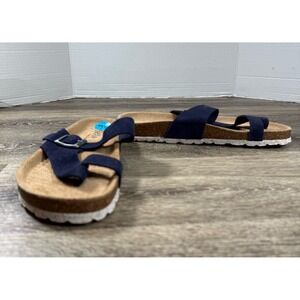 BioStep Sandals Womens 7.5M Navy‎ Blue Leather Upper Buckle Strappy Preppy Slide